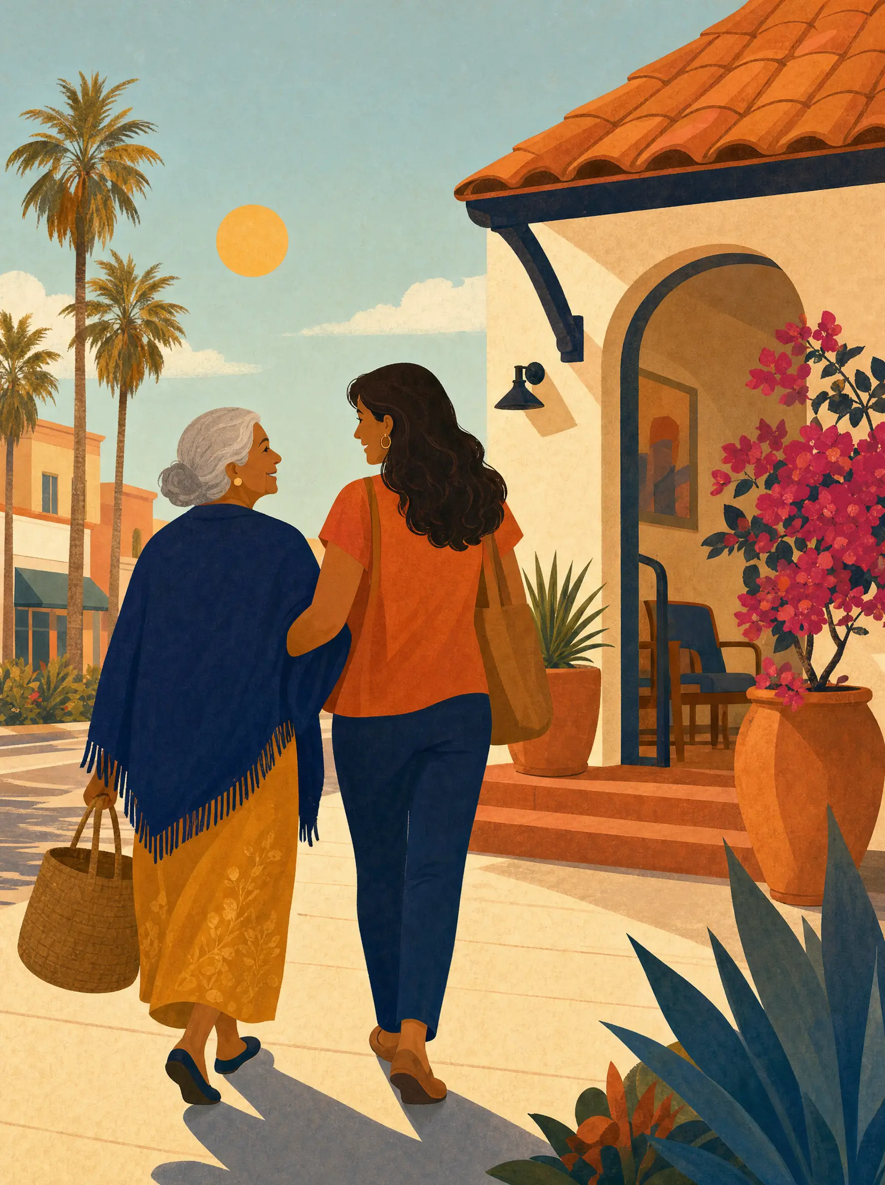 Illustration: a grandmother and her daughter walking arm-in-arm to a friendly neighborhood clinic with a terracotta roof and bougainvillea